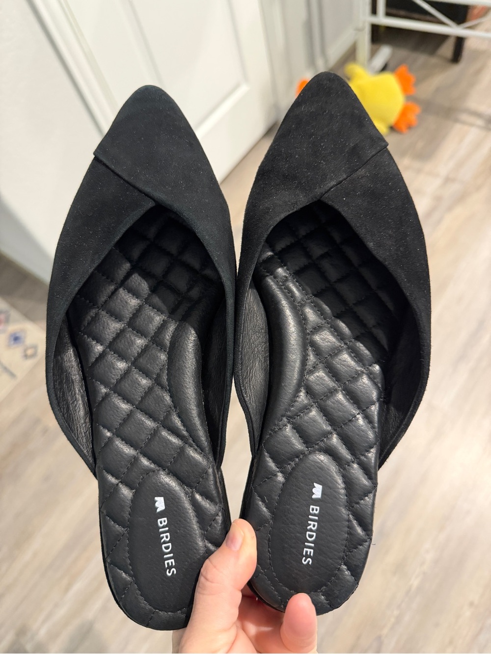 Birdies The Swan Mule Black Suede Pointed Toe Slip On Flat Quilted Footbed 8.5